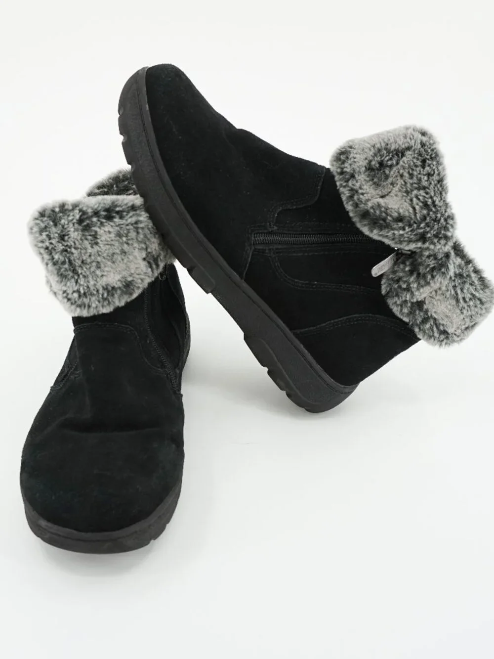 Khombu Black Suede Upper Booties Ladies 9M, Side Zip, Faux Fur